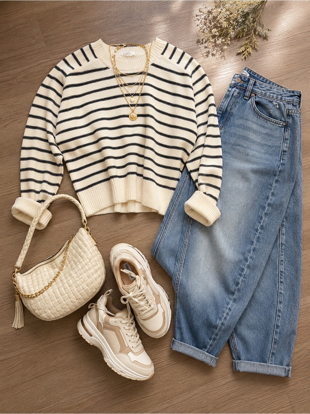 For The Republic Cream & Black Striped Crewneck Sweater